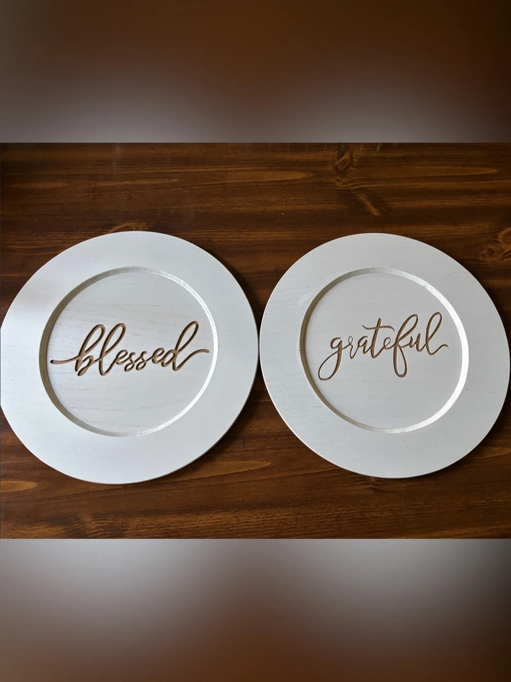 Neutral White 'Blessed' & 'Grateful' Decorative Wood Wall Plaques/ Chargers